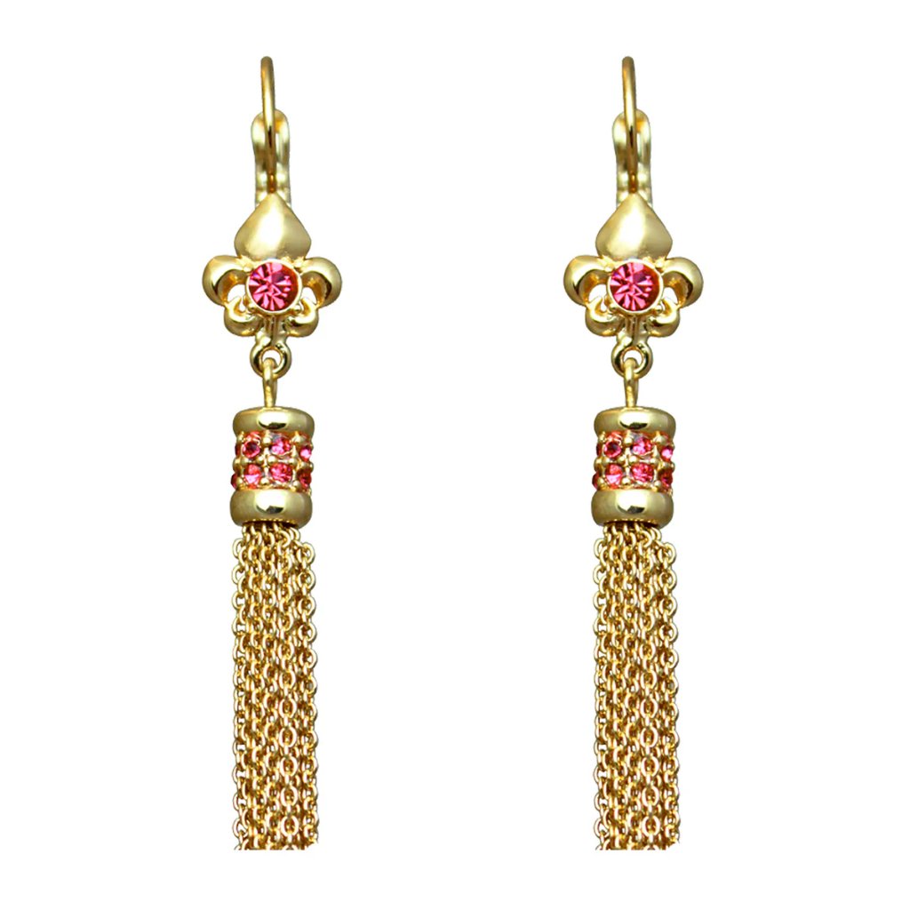 Ritzy Couture Fleur-De-Lis Rose Pink Tassel Leverback Earrings - Goldtone Luxury